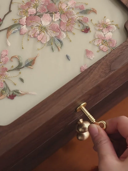 Solid Walnut Jewelry Box with Lock and Hand-Embroidered Design SKU 21197