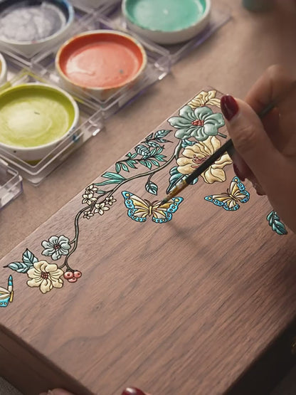 Solid Walnut Jewelry Box with Hand-Painted Butterflies and Flowers SKU 21202