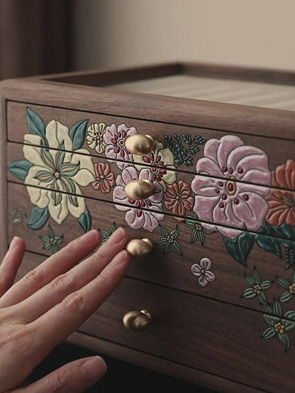 Solid Walnut Jewelry Box with Drawers and Glass Lid SKU 21200