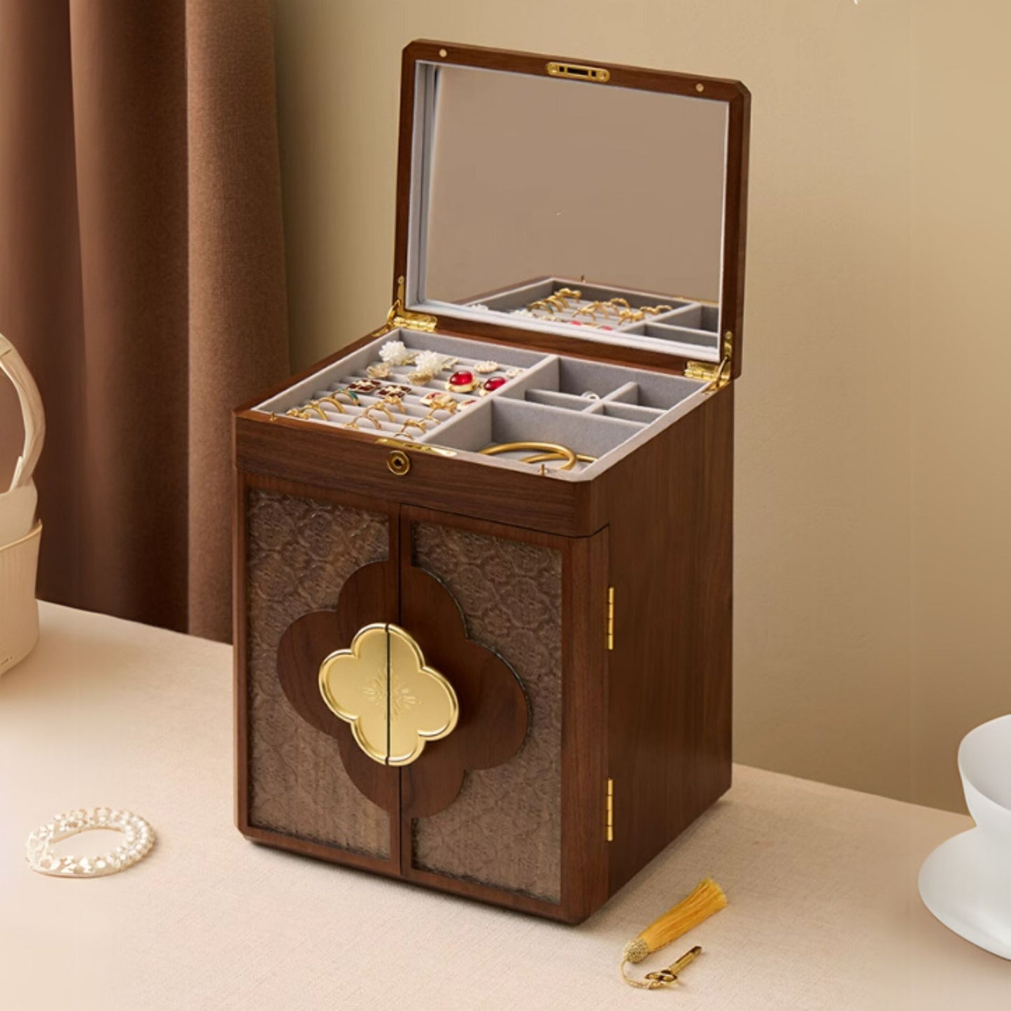 Cabinet Style Wooden Jewelry Box with Lock SKU 21140