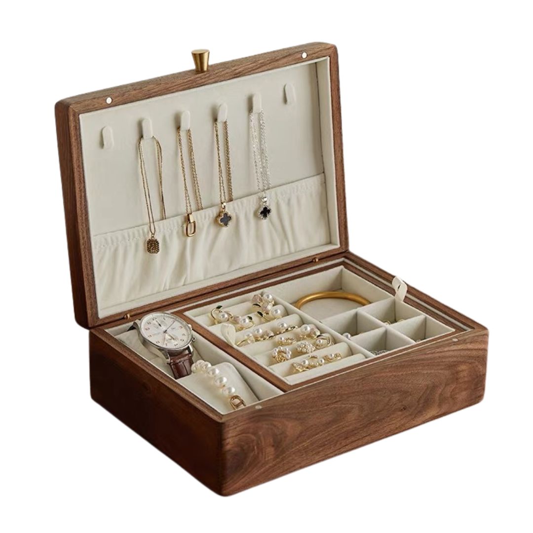 Solid Walnut Wood Jewelry Box with Removable Tray SKU 21063 - Medium / White