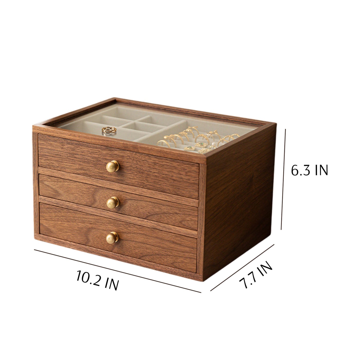 Wooden Jewelry Box with Drawers and Glass Lid SKU 21133