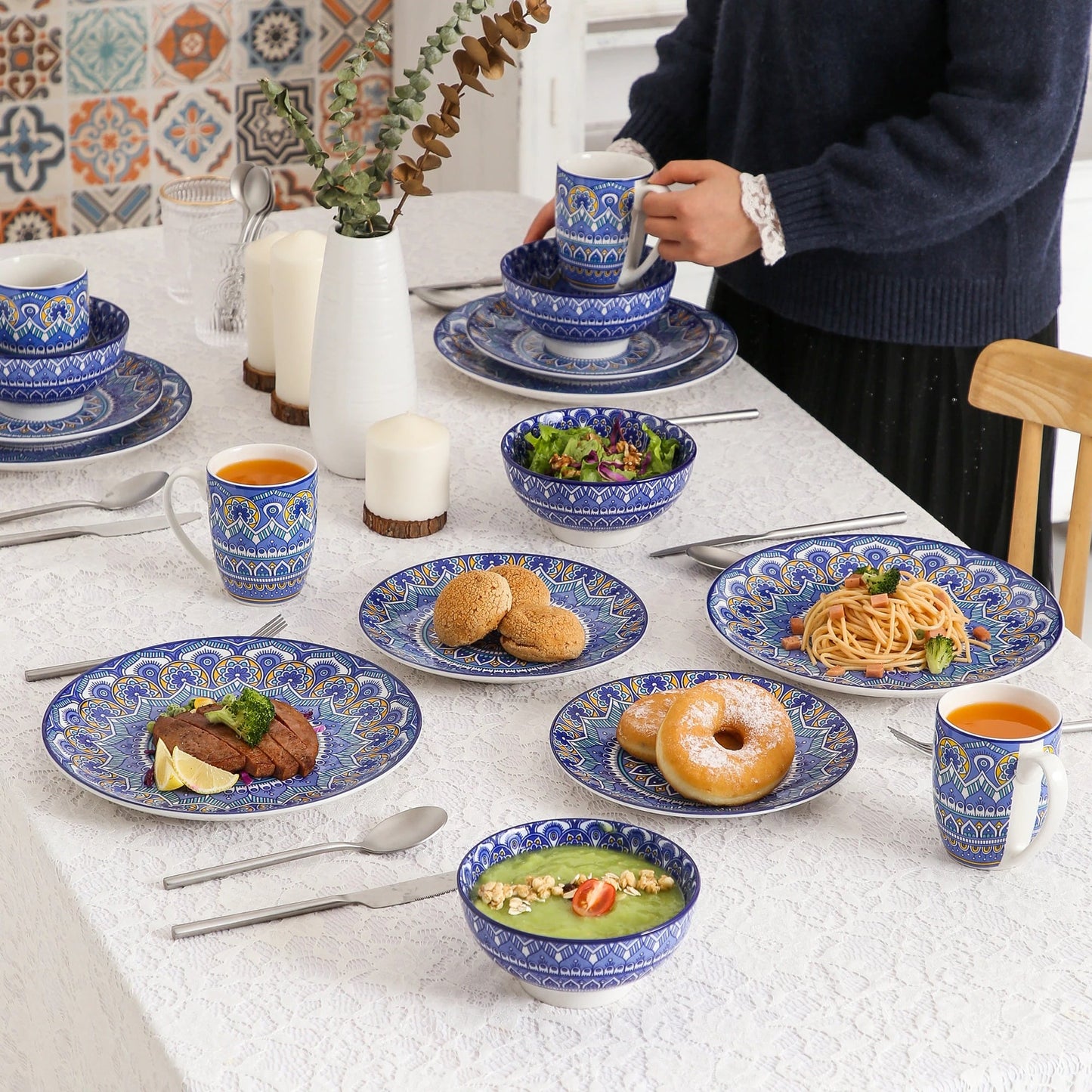 Blue Mandala Stoneware Ceramic Dinnerware Set for 4 8 12 SKU 70025