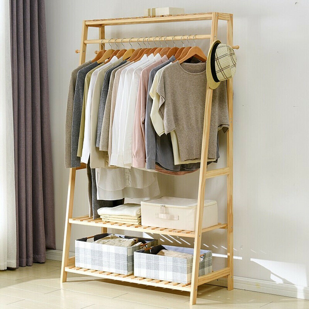 Bamboo Standing Clothing Rack with Shelves SKU 35021