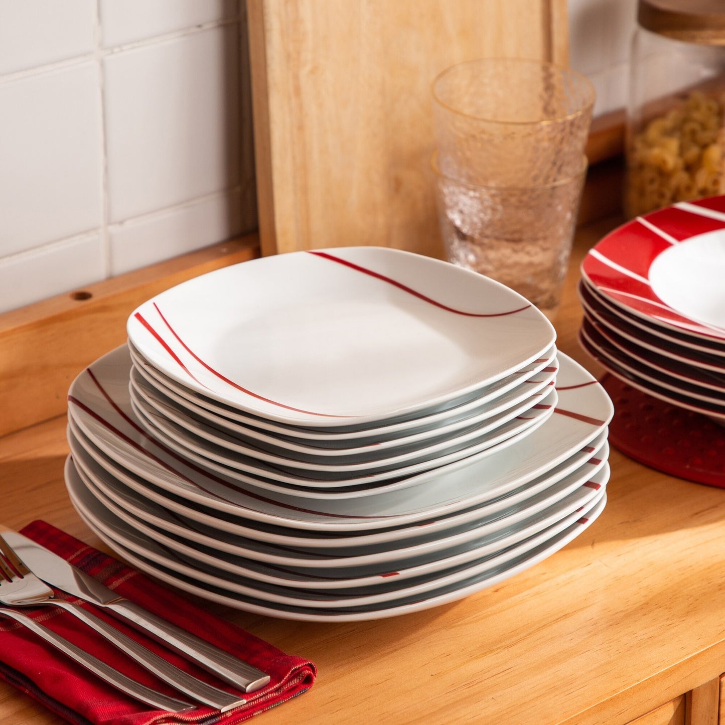 White Red Stoneware Ceramic Dinnerware Set for 6 SKU 70107