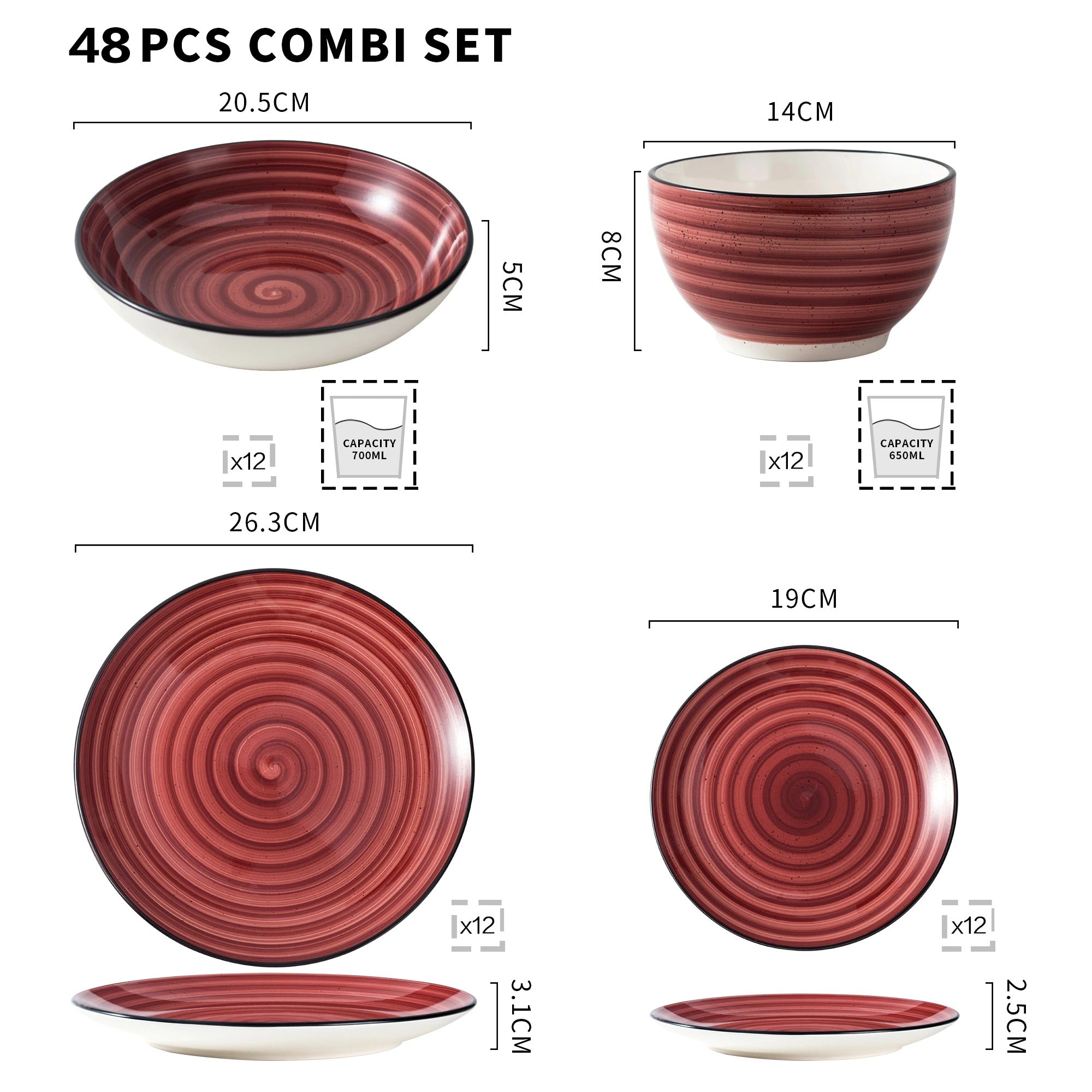 Red Stoneware Ceramic Dinnerware Set for 6 12 SKU 70091