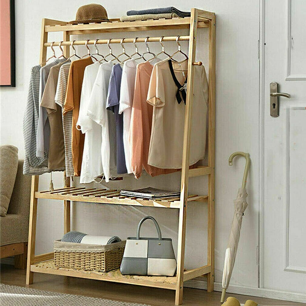 Bamboo Standing Clothing Rack with Shelves SKU 35021