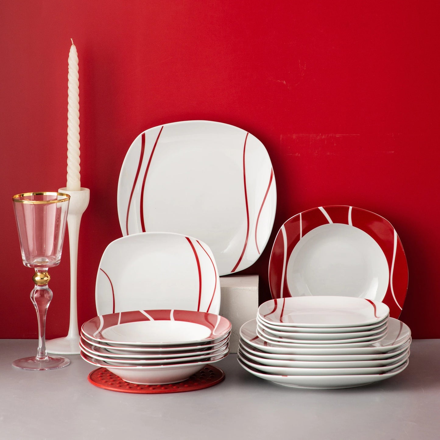 White Red Stoneware Ceramic Dinnerware Set for 6 SKU 70107