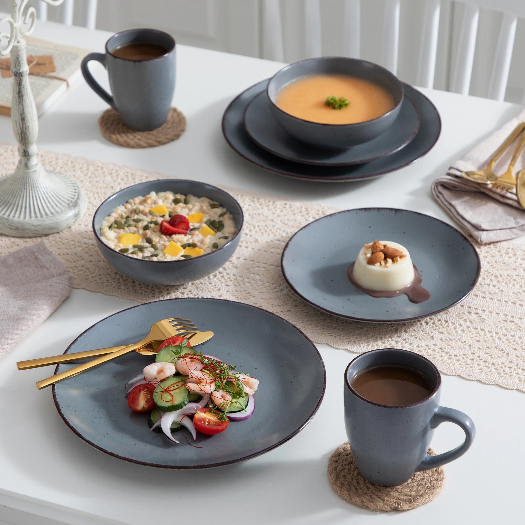Grey Stoneware Ceramic Dinnerware Set for 4 8 12 SKU 70065