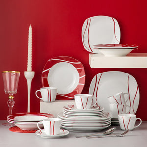 White Red Stoneware Ceramic Dinnerware Set for 6 SKU 70108