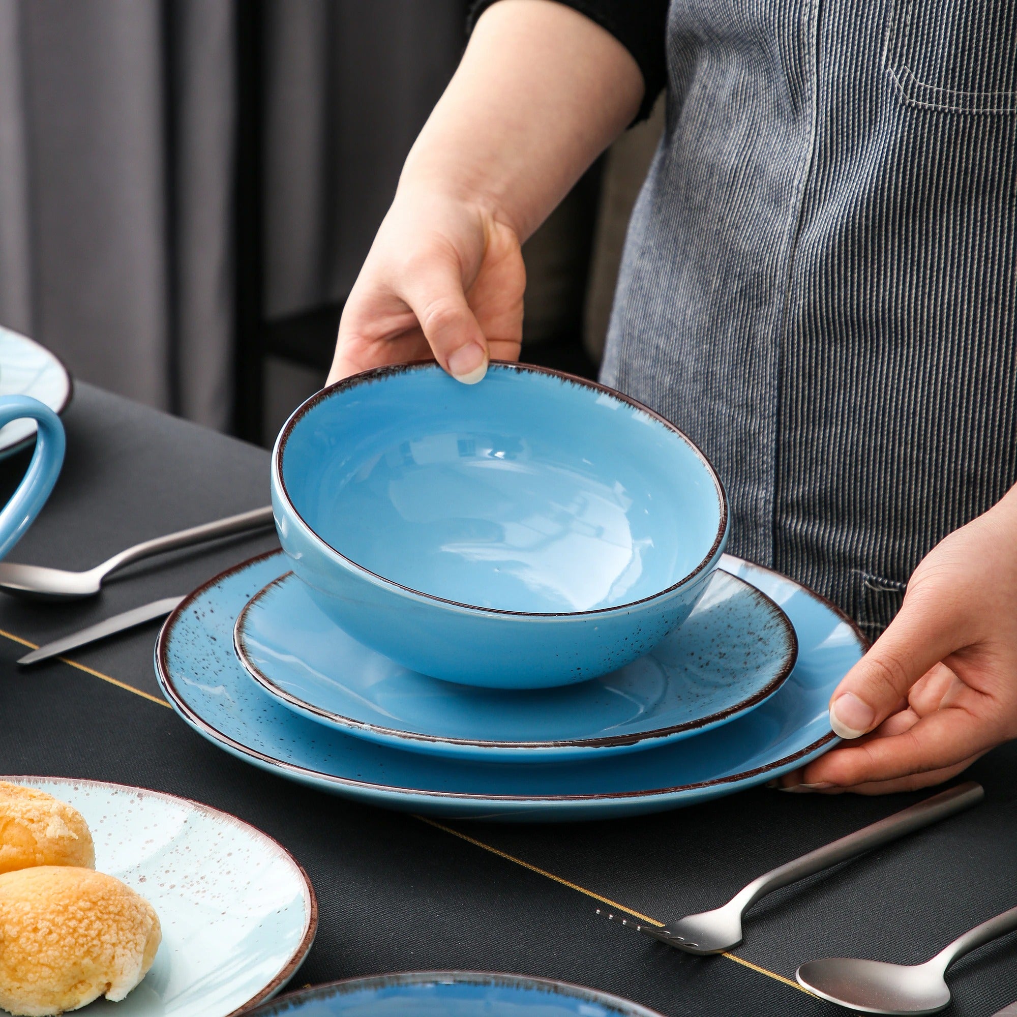 Blue Stoneware Ceramic Dinnerware Set for 4 8 12 SKU 70092