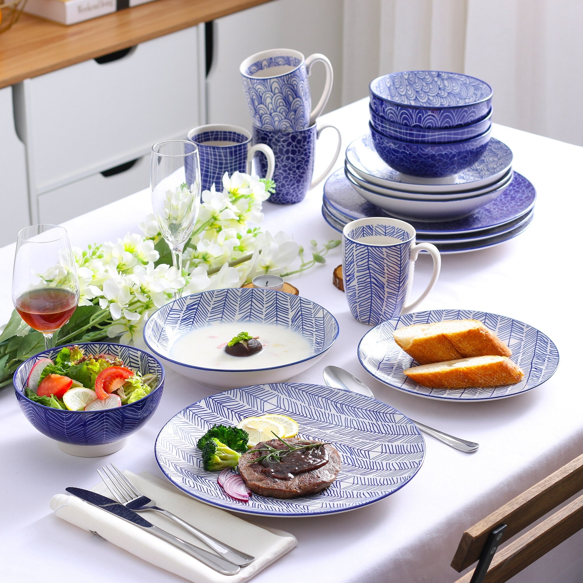 Blue Stoneware Ceramic Dinnerware Set for 8 SKU 70042