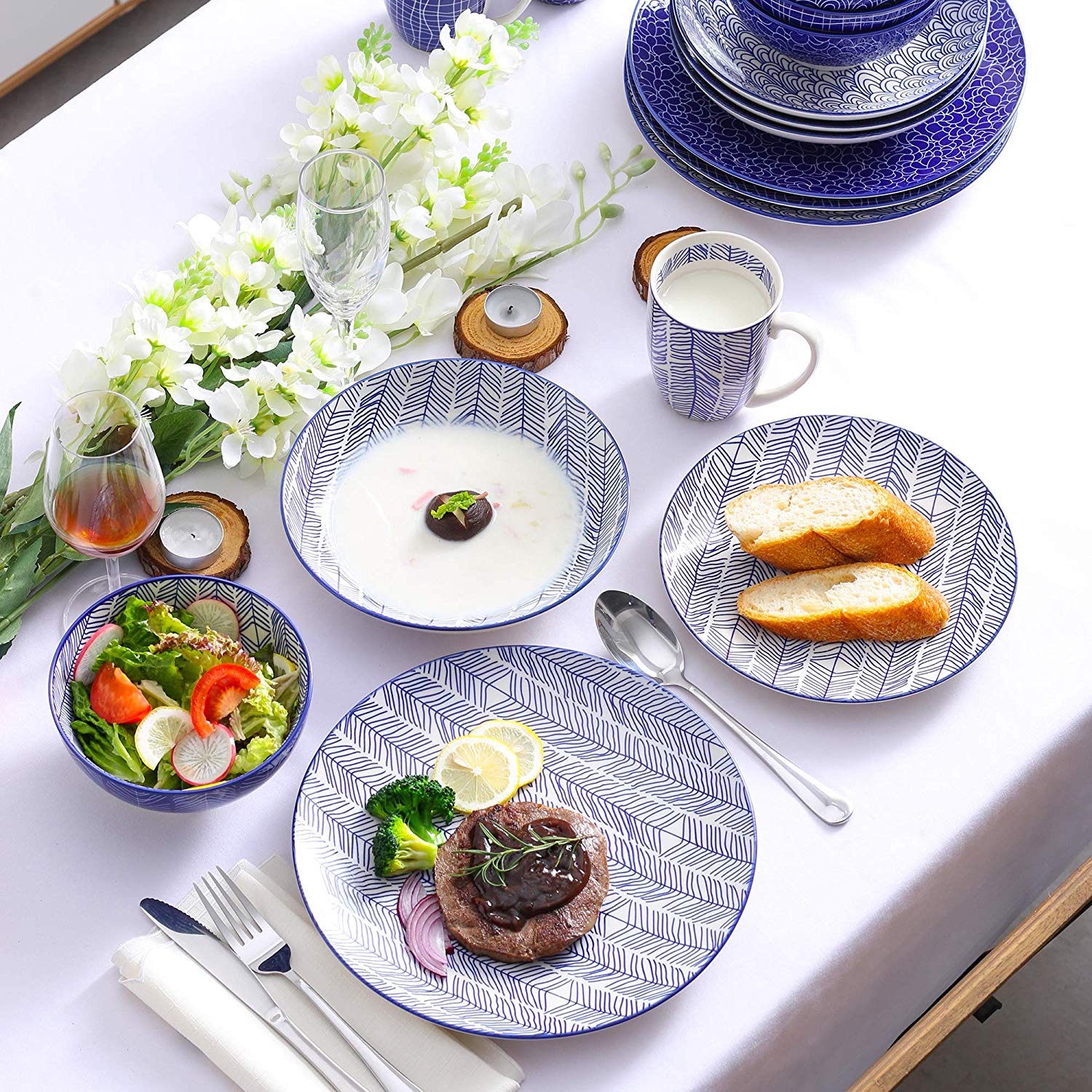 Blue Stoneware Ceramic Dinnerware Set for 8 SKU 70042