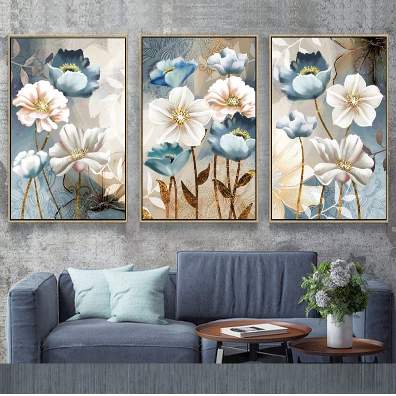 Blue and White Flowers Art Print on Canvas