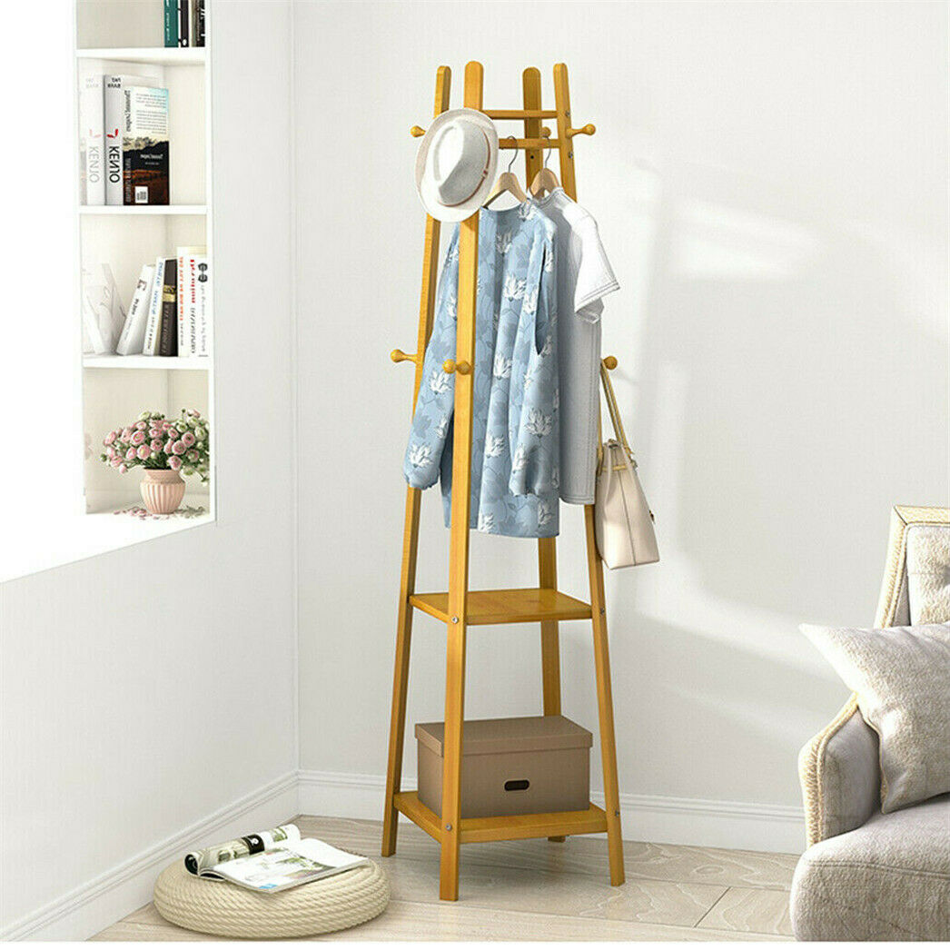 Bamboo Standing Clothing Rack with Shelves SKU 35019