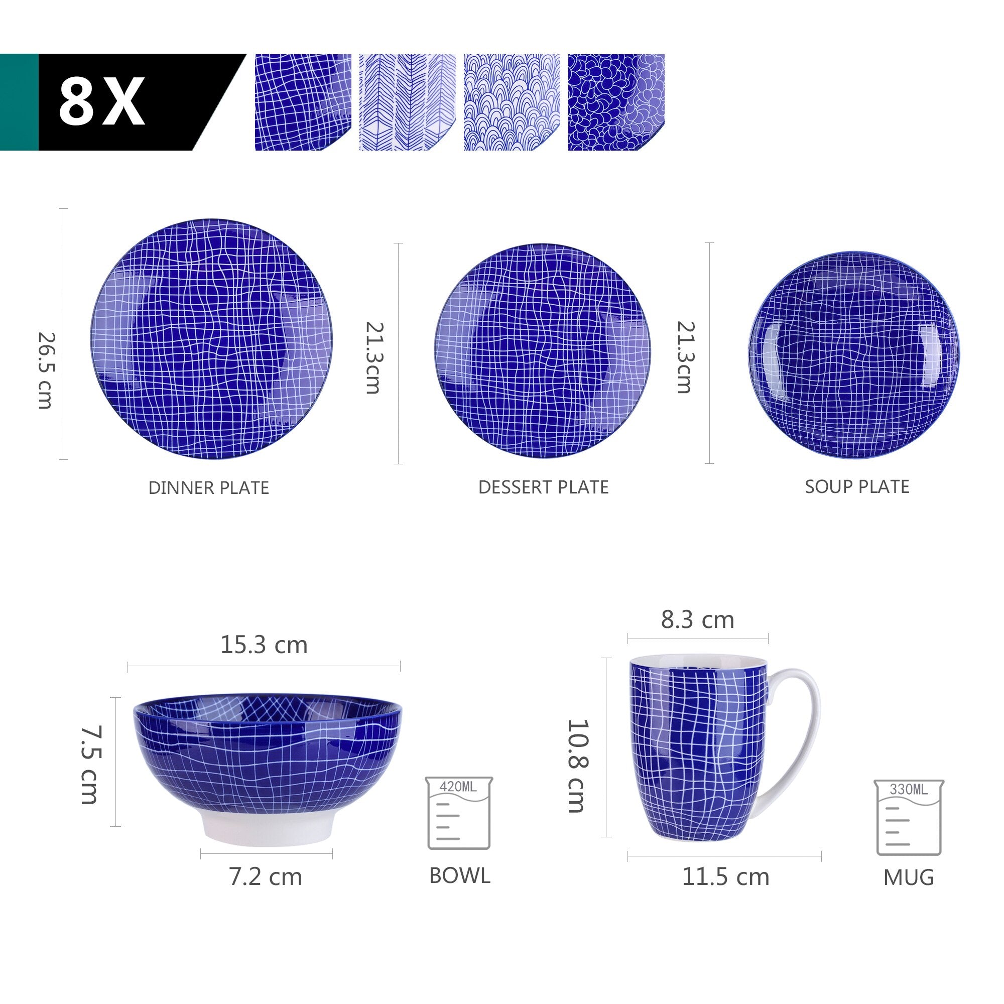 Blue Stoneware Ceramic Dinnerware Set for 8 SKU 70042