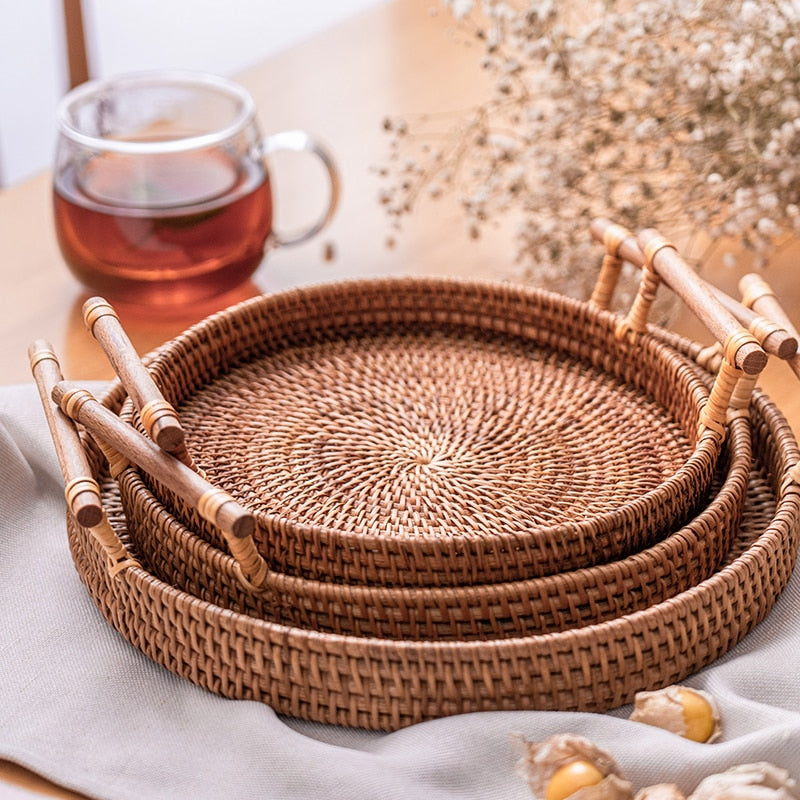Handwoven Round Wooden Tray with Handles