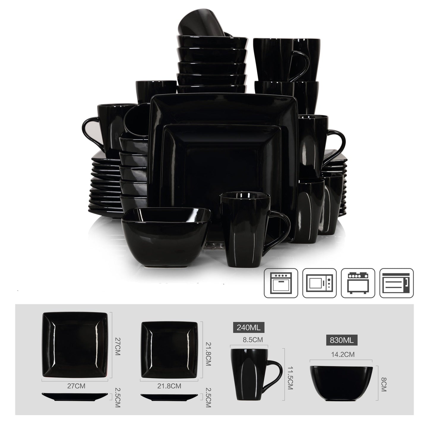 Black Stoneware Ceramic Dinnerware Set for 4 8 SKU 70022