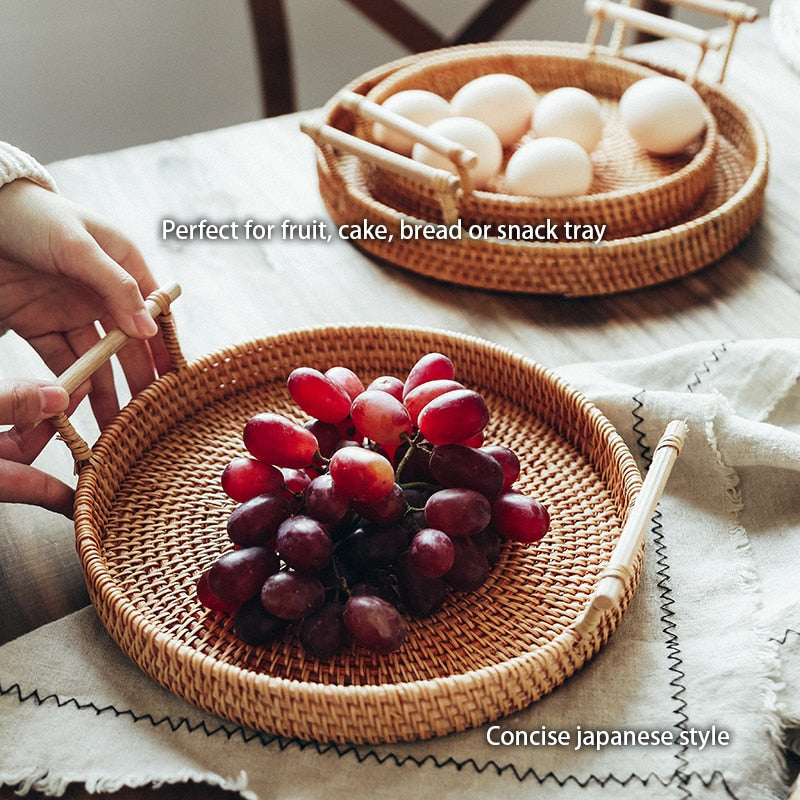 Handwoven Round Wooden Tray with Handles