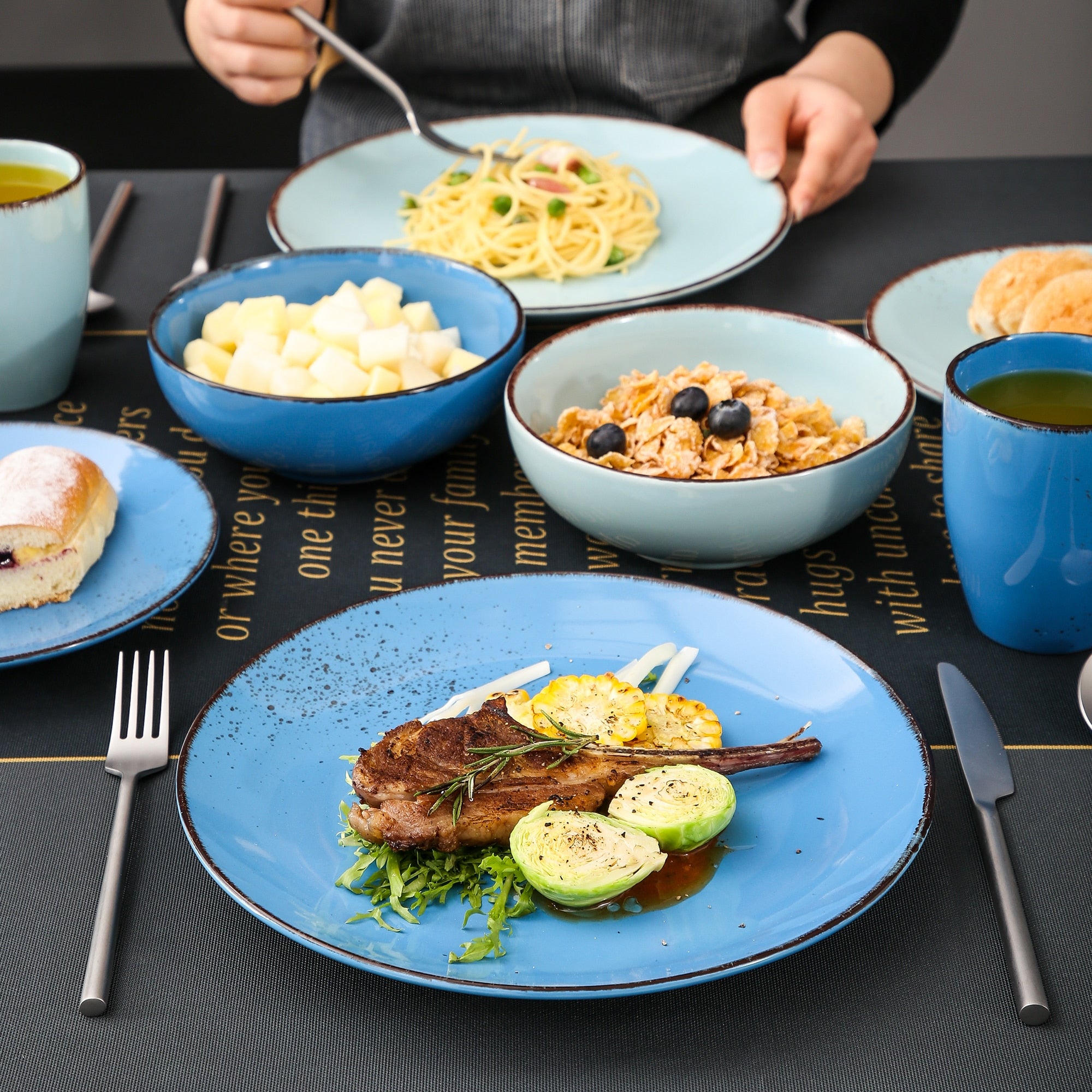 Blue Stoneware Ceramic Dinnerware Set for 4 8 12 SKU 70092