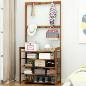 Bamboo Standing Clothing Rack with Shoe Storage Shelves SKU 35023