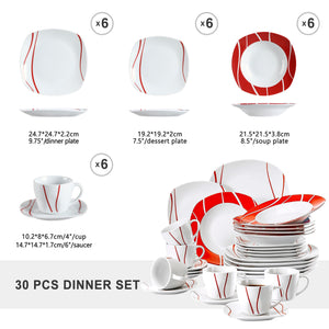 White Red Stoneware Ceramic Dinnerware Set for 6 SKU 70108